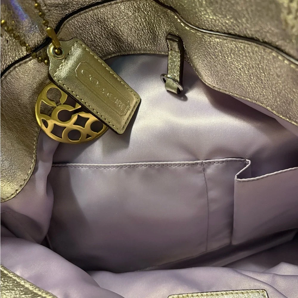 Coach 15013 Julia Op Art Metallic Gold Logo Jacquard & Leather Shoulder Tote Bag